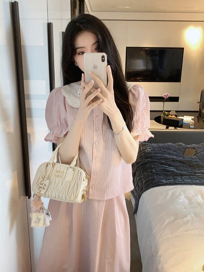famouswang 2024 new summer style Ruth wears pure white flower doll collar shirt suit skirt