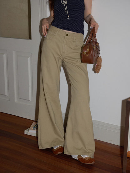 Chaochao Home Design Khaki Flared Jeans Women's 2025 Summer High-Waisted Floor-Length Casual Wide-Leg Pants