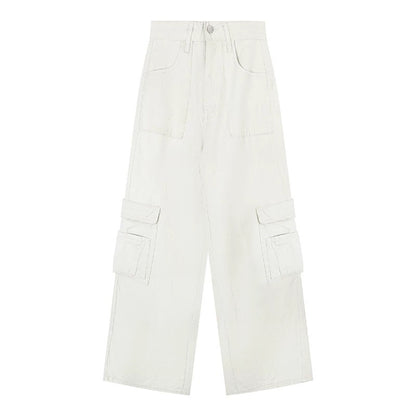 Kumikumi retro loose washed jeans overalls women's early spring drape straight pants wide-leg pants mopping pants