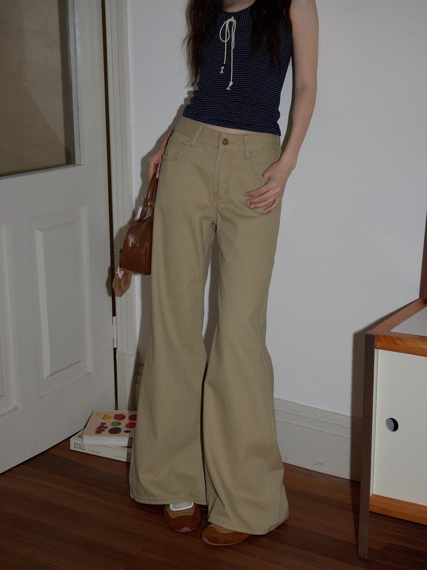 Chaochao Home Design Khaki Flared Jeans Women's 2025 Summer High-Waisted Floor-Length Casual Wide-Leg Pants