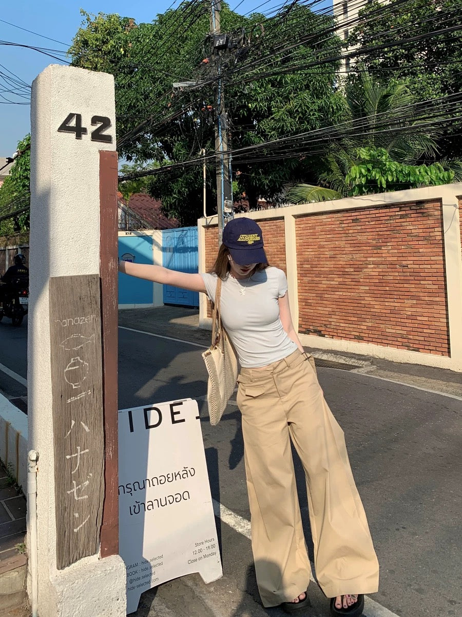 Casual suit short-sleeved round neck slim fit T-shirt women's summer high waist loose mopping pants lazy two-piece suit