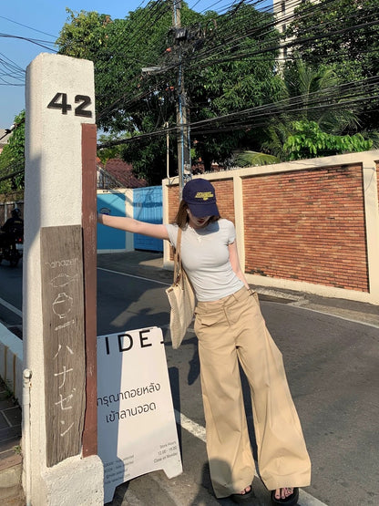Casual suit short-sleeved round neck slim fit T-shirt women's summer high waist loose mopping pants lazy two-piece suit