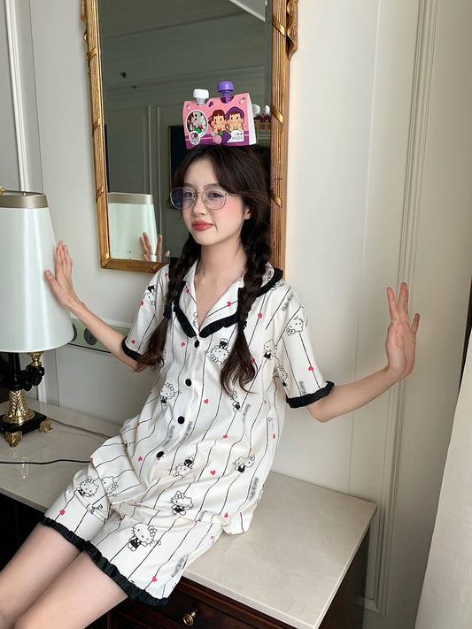 Xinbangbang Homedress contrasting color vertical stripe cartoon cat pajamas for women summer thin breathable short-sleeved home clothes