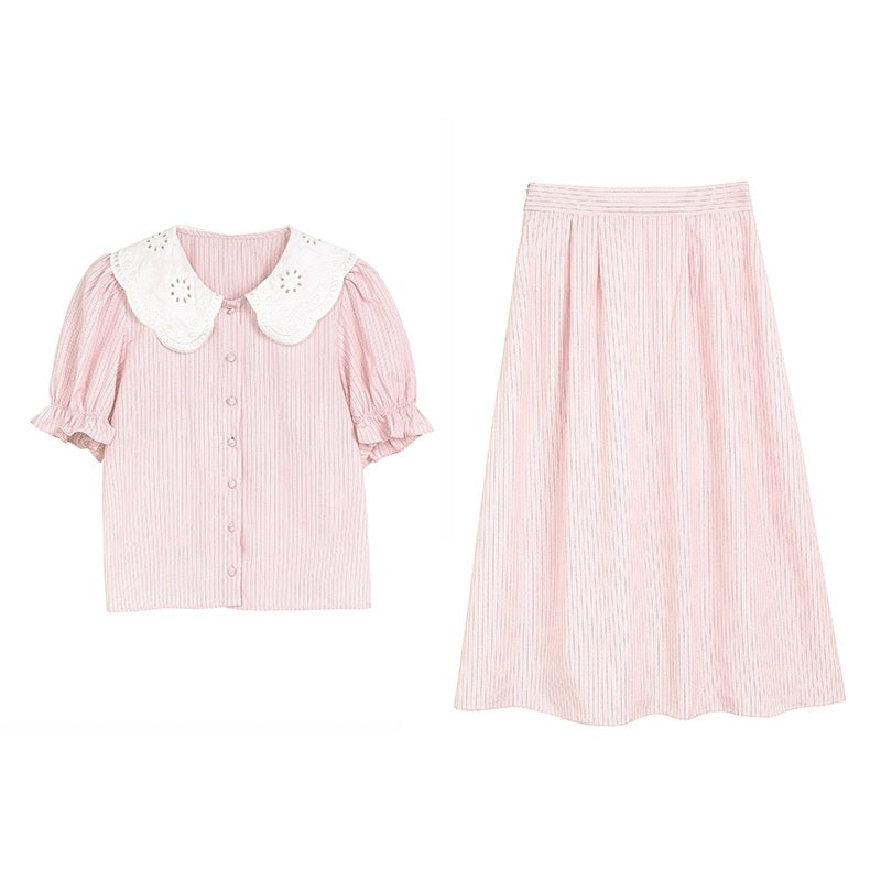 famouswang 2024 new summer style Ruth wears pure white flower doll collar shirt suit skirt