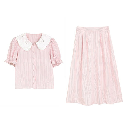 famouswang 2024 new summer style Ruth wears pure white flower doll collar shirt suit skirt