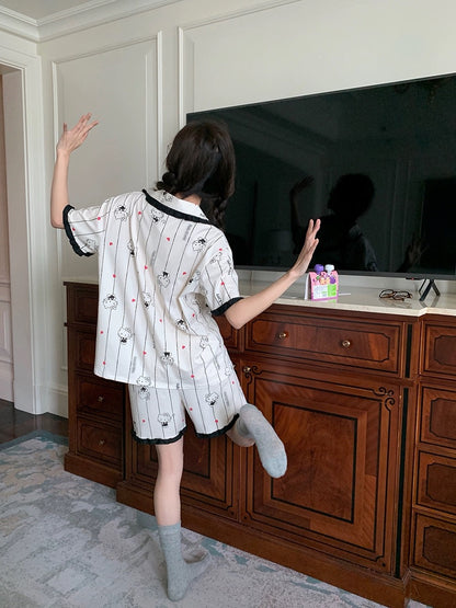 Xinbangbang Homedress contrasting color vertical stripe cartoon cat pajamas for women summer thin breathable short-sleeved home clothes