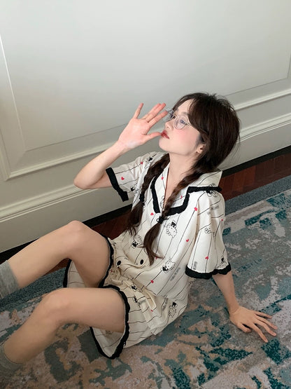Xinbangbang Homedress contrasting color vertical stripe cartoon cat pajamas for women summer thin breathable short-sleeved home clothes
