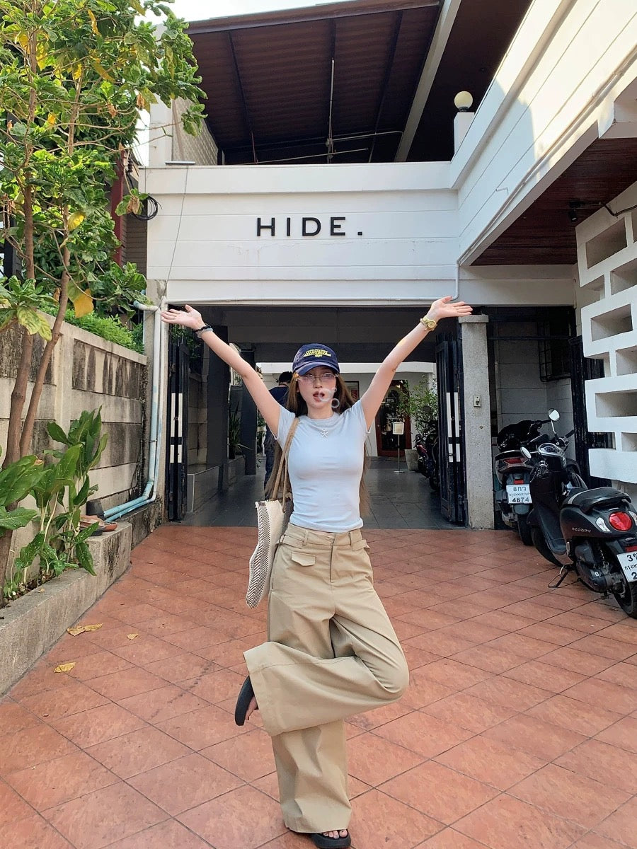 Casual suit short-sleeved round neck slim fit T-shirt women's summer high waist loose mopping pants lazy two-piece suit