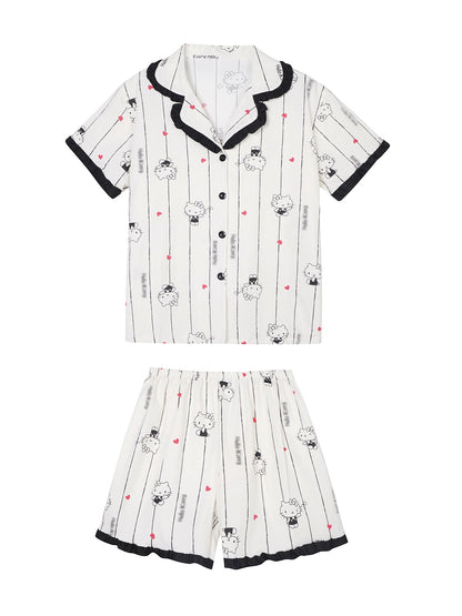 Xinbangbang Homedress contrasting color vertical stripe cartoon cat pajamas for women summer thin breathable short-sleeved home clothes