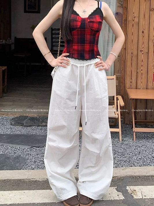 Kumikumi lazy style splicing lace edge drawstring casual pants for women in summer elastic waist loose versatile wide-leg pants