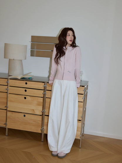 Chaochao Home White Corduroy High-Waisted Wide-Leg Casual Pants Women's 2025 Winter High-End Loose and Relaxed Floor-Length Trousers
