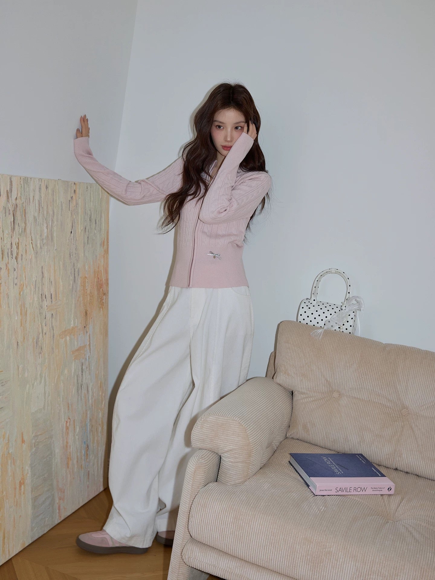 Chaochao Home White Corduroy High-Waisted Wide-Leg Casual Pants Women's 2025 Winter High-End Loose and Relaxed Floor-Length Trousers