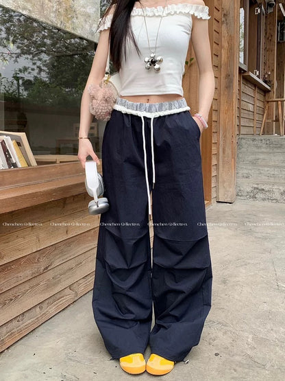 Kumikumi lazy style splicing lace edge drawstring casual pants for women in summer elastic waist loose versatile wide-leg pants