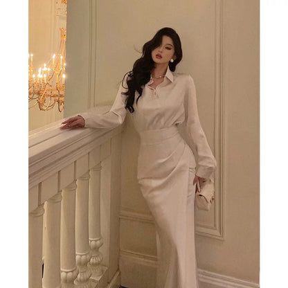 Godfrey French high-end temperament suit women's autumn long-sleeved satin shirt fishtail skirt two-piece set