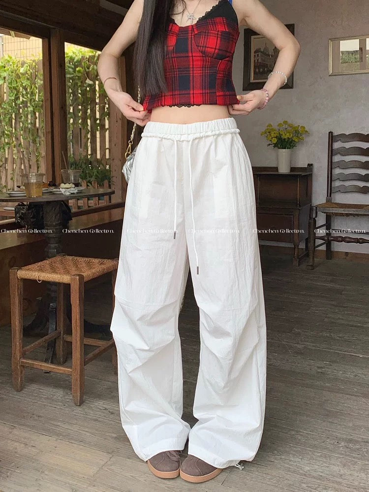 Kumikumi lazy style splicing lace edge drawstring casual pants for women in summer elastic waist loose versatile wide-leg pants