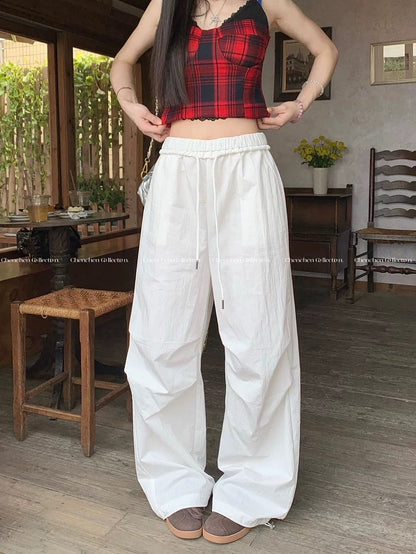 Kumikumi lazy style splicing lace edge drawstring casual pants for women in summer elastic waist loose versatile wide-leg pants