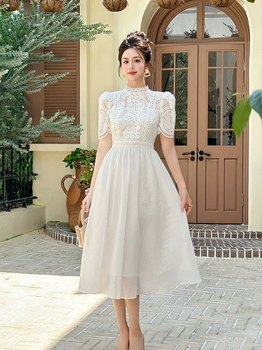 Summer elegant goddess style temperament high-end upper class white lace dress with long skirt