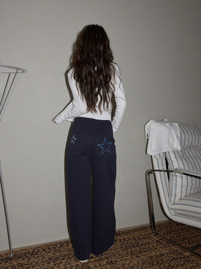 Chaochao Home Design Navy Blue Jeans Women's 2025 Early Winter High-Waisted Wide-Leg Straight Casual Pants