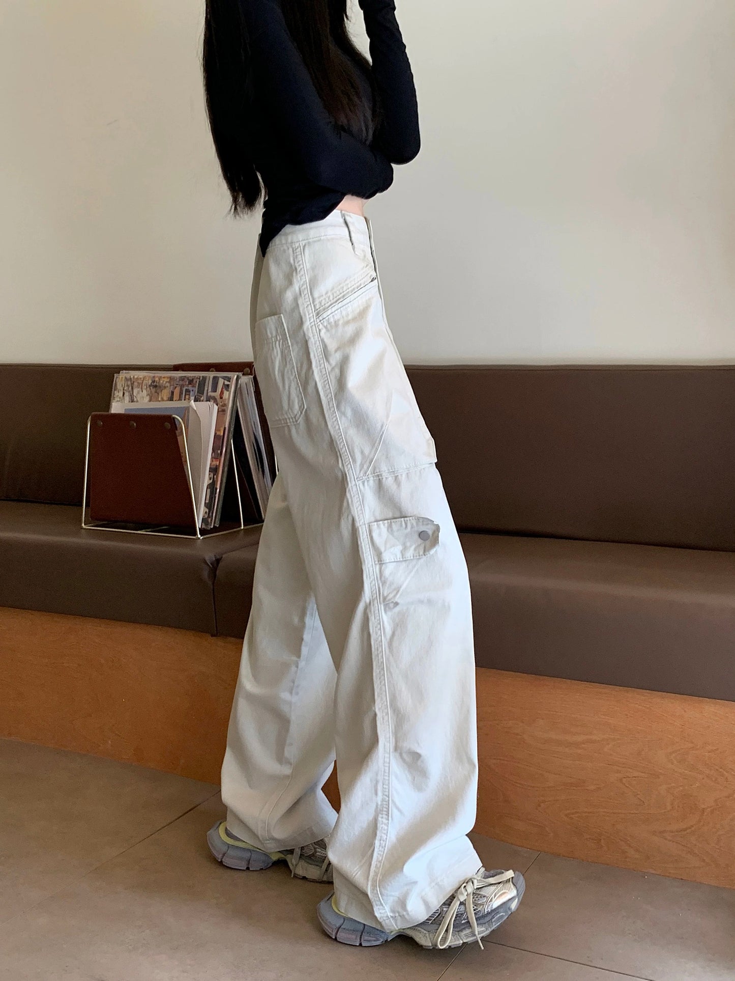 Kumikumi American retro new multi-pocket overalls for women in early spring high waist slim straight casual pants trousers