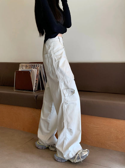Kumikumi American retro new multi-pocket overalls for women in early spring high waist slim straight casual pants trousers