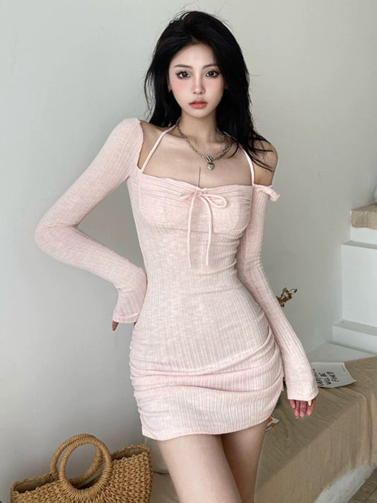 gagaopt pure lust style hottie strappy halterneck square neck knitted long-sleeved dress slim pleated butt-covering short skirt