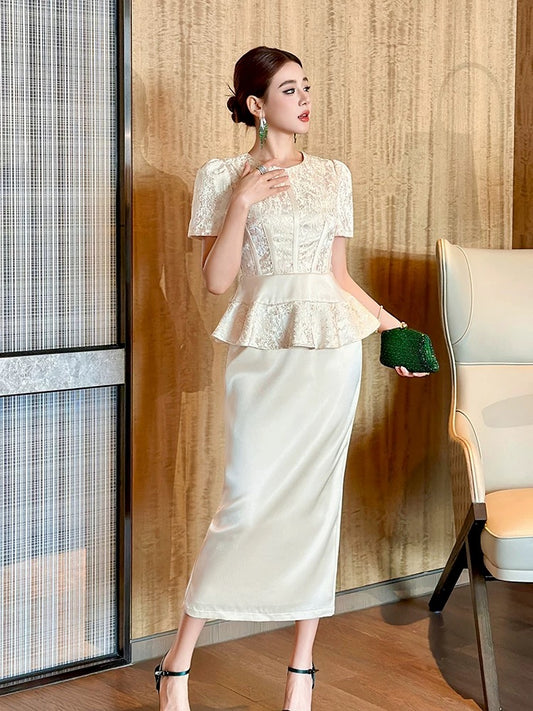 Summer exquisite style ruffle dress women's slim fit temperament high-end splicing fake two-piece French long skirt