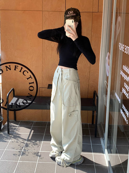 Kumikumi American retro new multi-pocket overalls for women in early spring high waist slim straight casual pants trousers