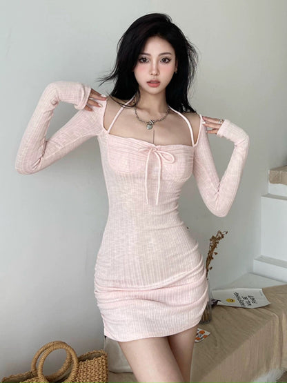 gagaopt pure lust style hottie strappy halterneck square neck knitted long-sleeved dress slim pleated butt-covering short skirt