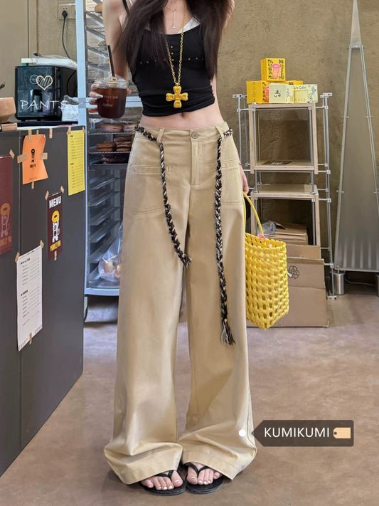 Kumikumi retro lazy style new low waist khaki casual pants women's spring high waist straight mopping pants