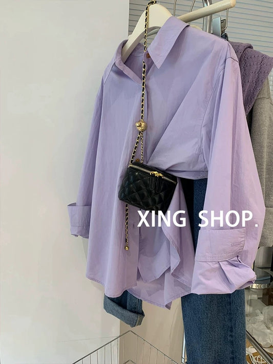 Purple cotton and linen shirt for women in spring and autumn French style high-end European goods temperament sunscreen shirt jacket top pure cotton