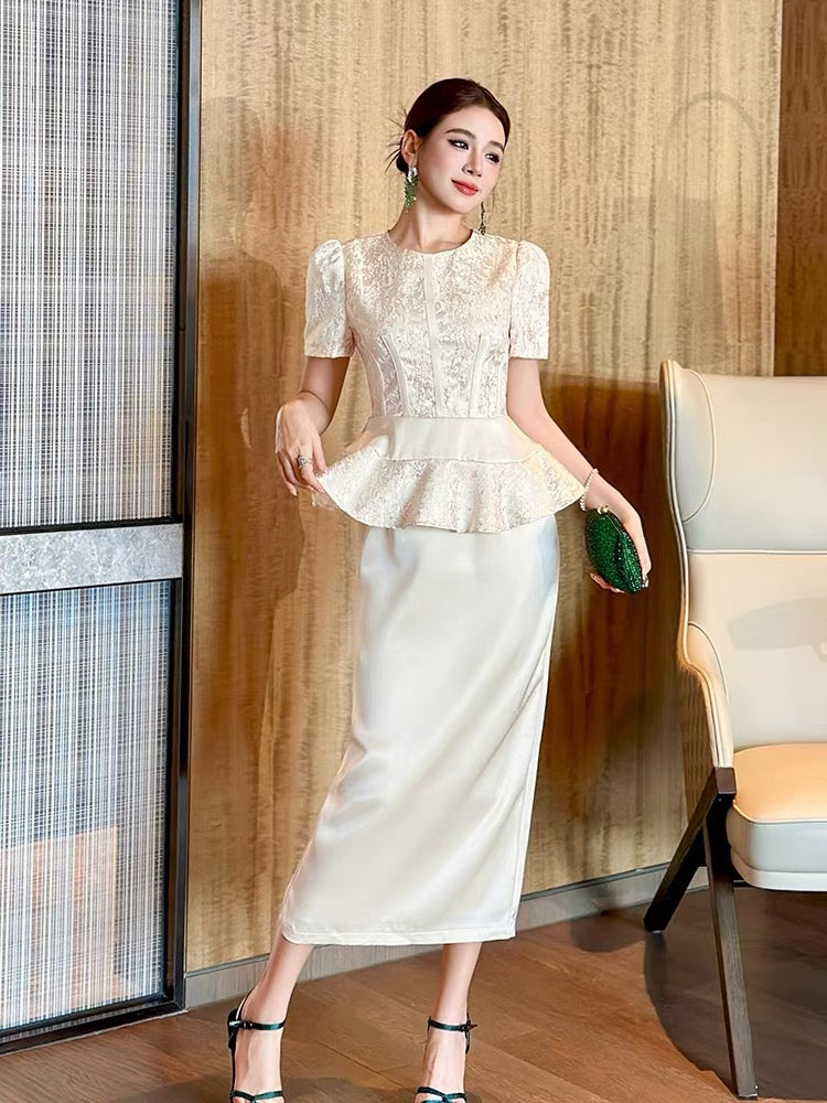 Summer exquisite style ruffle dress women's slim fit temperament high-end splicing fake two-piece French long skirt