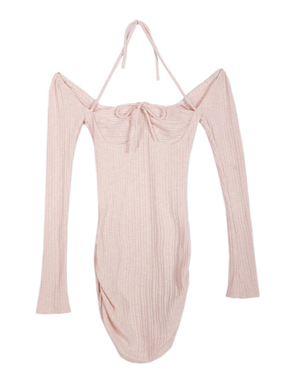 gagaopt pure lust style hottie strappy halterneck square neck knitted long-sleeved dress slim pleated butt-covering short skirt
