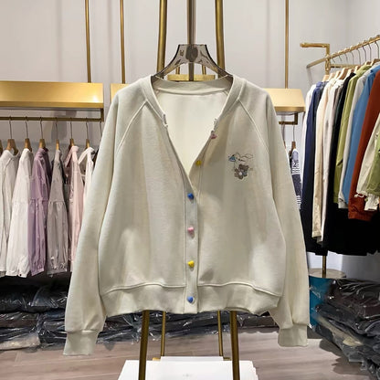 [Real-life shot from Xiao Ai's shop] Korean-style, youthful, loose-fit "dopamine-style" button-up sweatshirt jacket featuring playful cartoon embroidery.