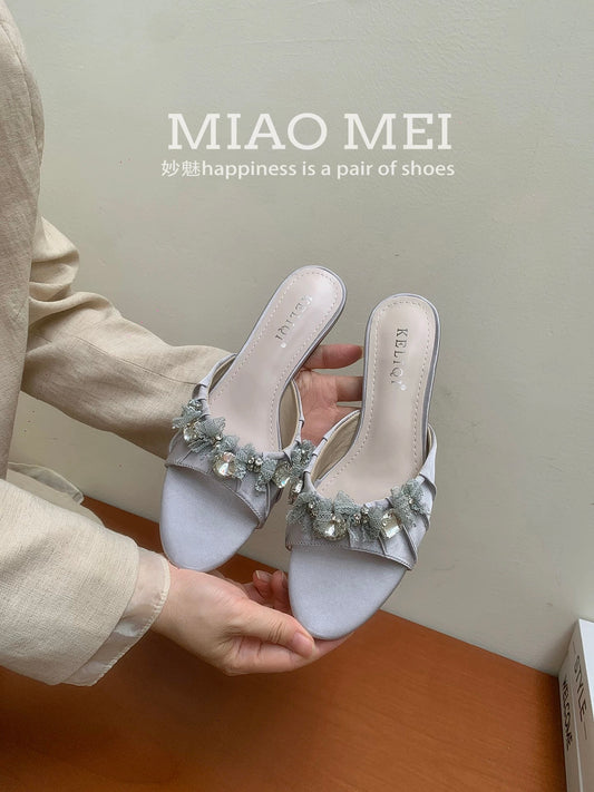 Resort-style rhinestone floral strappy sandals, high-heeled sandals for everyday wear, elegant style, women's summer open-toe sandals