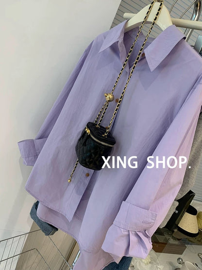 Purple cotton and linen shirt for women in spring and autumn French style high-end European goods temperament sunscreen shirt jacket top pure cotton