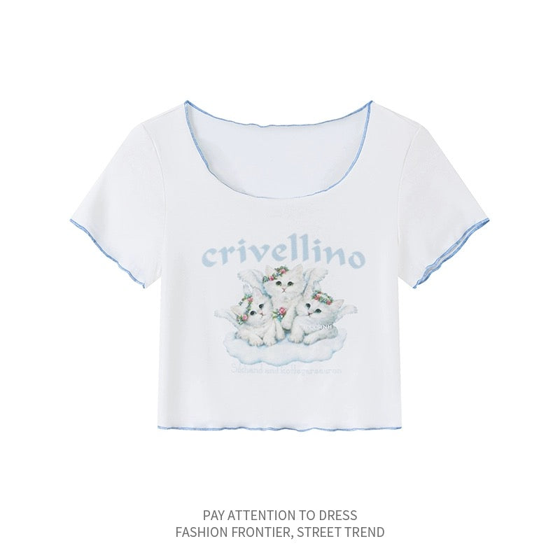 IN HOPE pure lust style cute cat print off-shoulder short-sleeved T-shirt summer slim fit cropped navel-baring top
