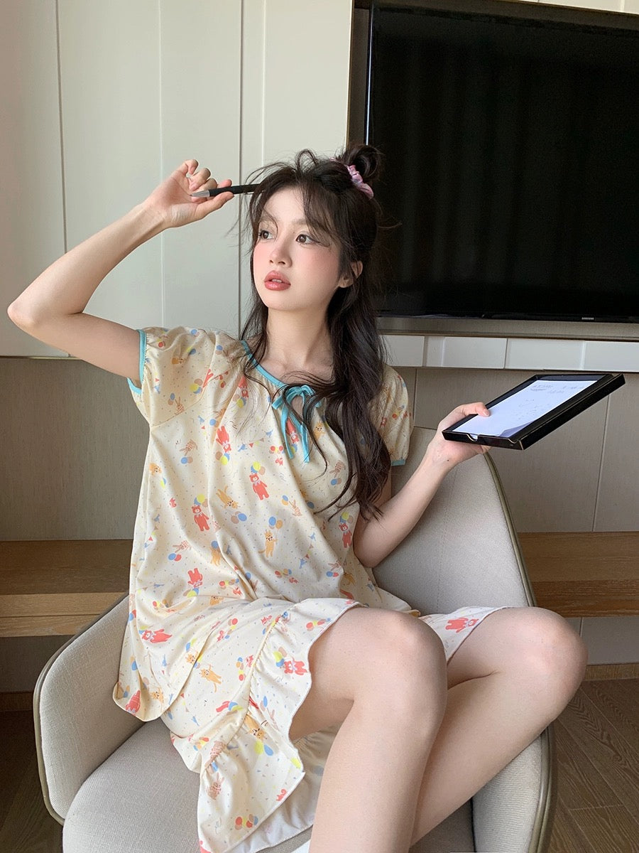Xinbangbang Homedress summer loose colorful cartoon home clothes women's strappy round neck short-sleeved pajamas set