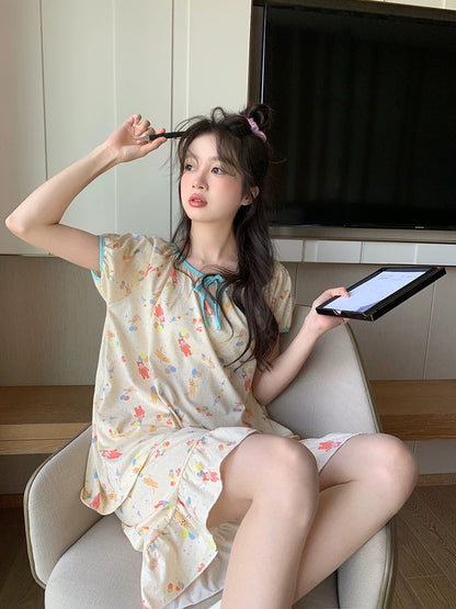 Xinbangbang Homedress summer loose colorful cartoon home clothes women's strappy round neck short-sleeved pajamas set