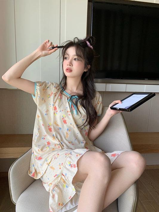 Xinbangbang Homedress summer loose colorful cartoon home clothes women's strappy round neck short-sleeved pajamas set