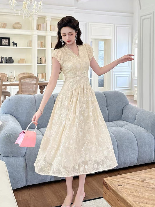 Rich daughter temperament V-neck dress female summer light luxury high-end super fairy temperament waist long dress dress