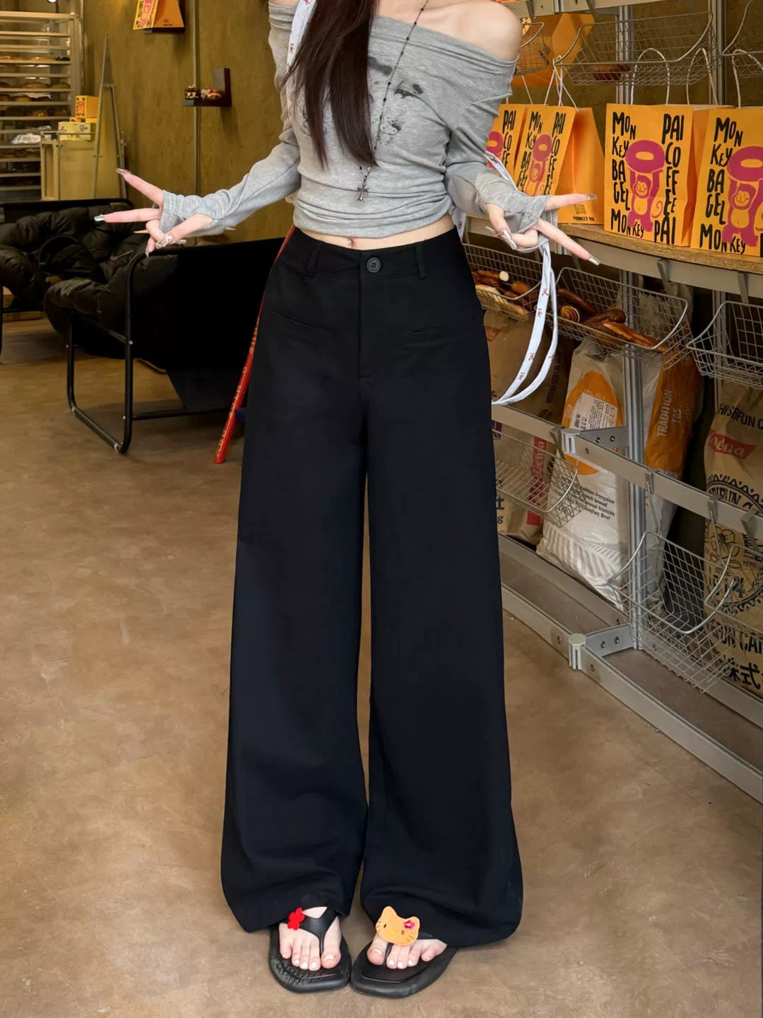 Kumikumi retro lazy style new low waist khaki casual pants women's spring high waist straight mopping pants