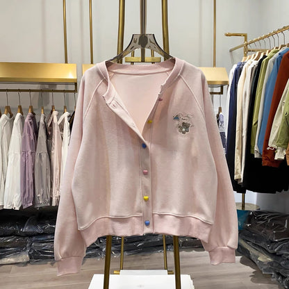 [Real-life shot from Xiao Ai's shop] Korean-style, youthful, loose-fit "dopamine-style" button-up sweatshirt jacket featuring playful cartoon embroidery.