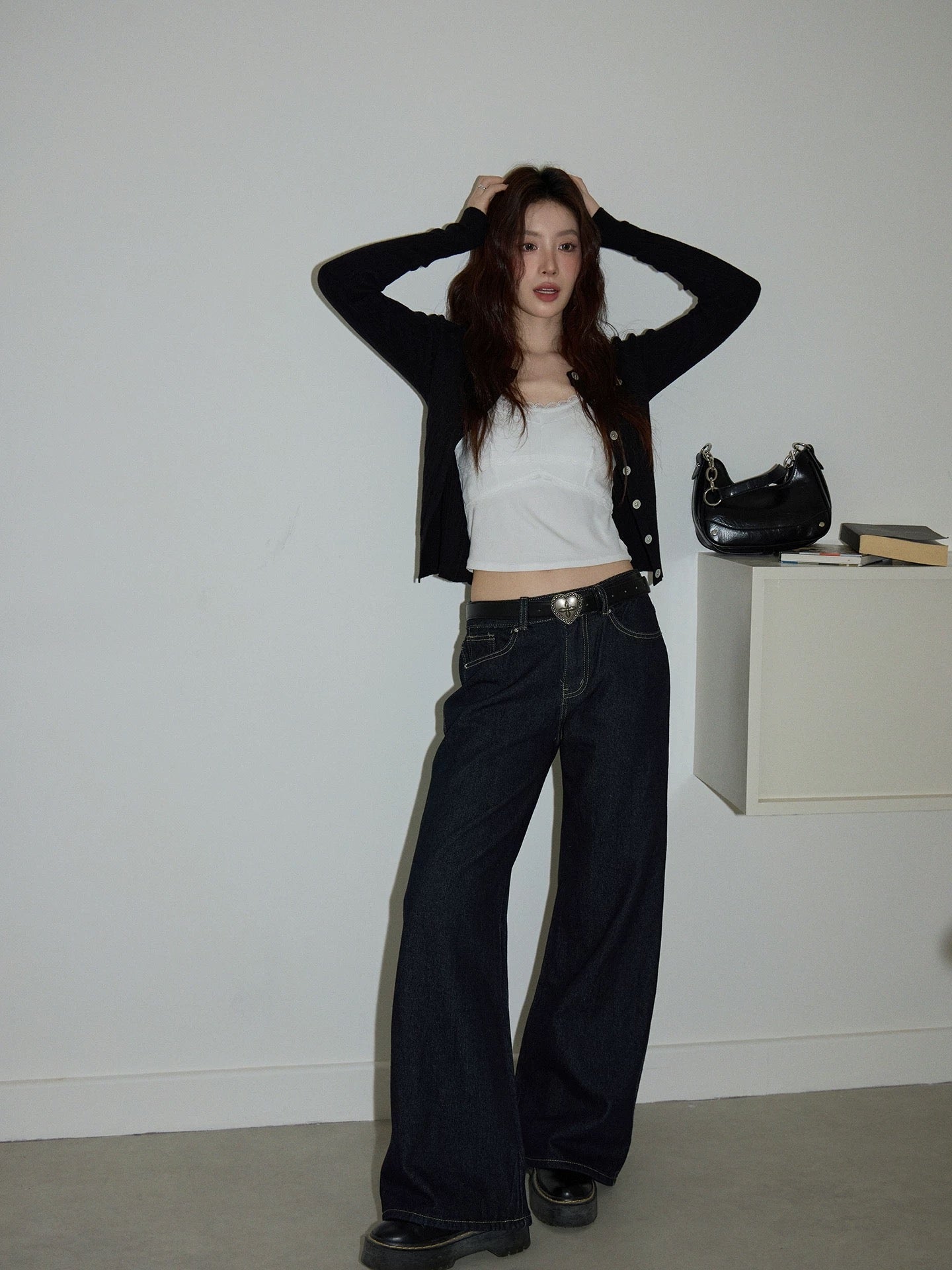 Chaochao Home Design Blue Wide-Leg Jeans for Women, Autumn 2025, Casual, Loose Fit, Straight Leg with Slight Flare