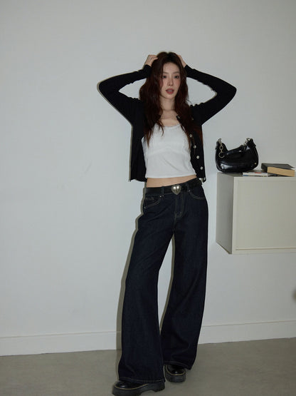 Chaochao Home Design Blue Wide-Leg Jeans for Women, Autumn 2025, Casual, Loose Fit, Straight Leg with Slight Flare