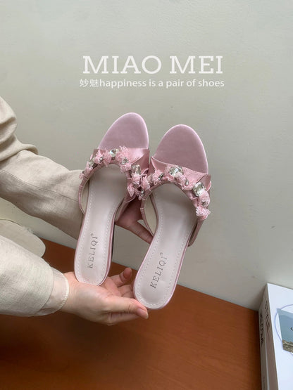 Resort-style rhinestone floral strappy sandals, high-heeled sandals for everyday wear, elegant style, women's summer open-toe sandals