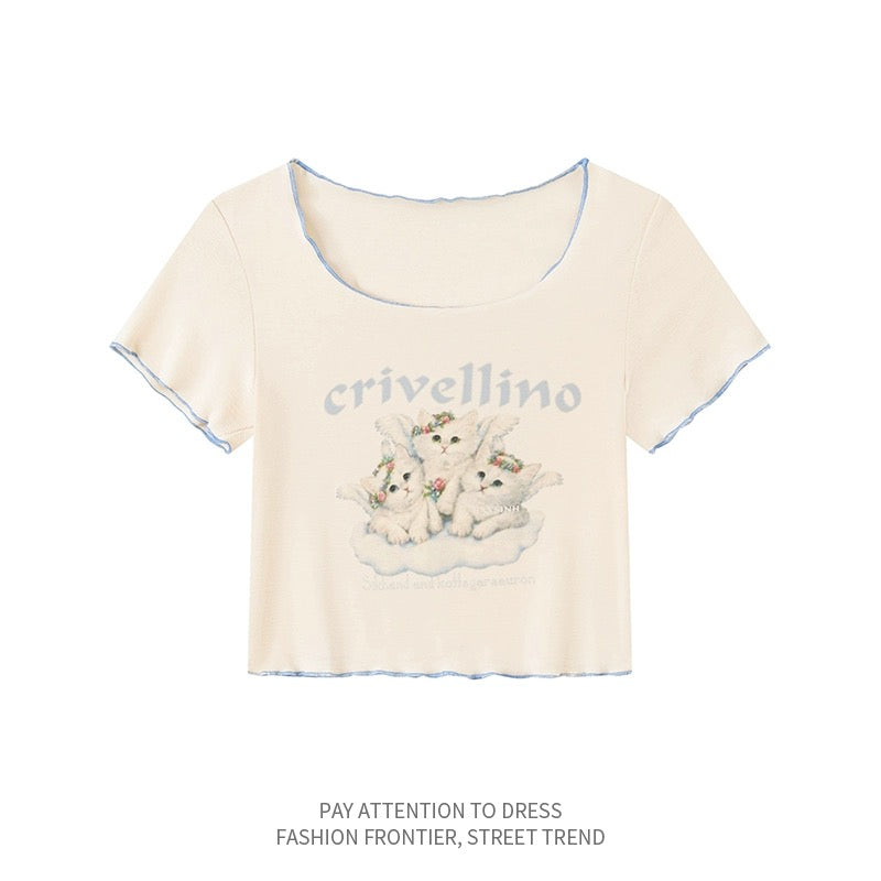 IN HOPE pure lust style cute cat print off-shoulder short-sleeved T-shirt summer slim fit cropped navel-baring top