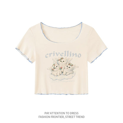 IN HOPE pure lust style cute cat print off-shoulder short-sleeved T-shirt summer slim fit cropped navel-baring top