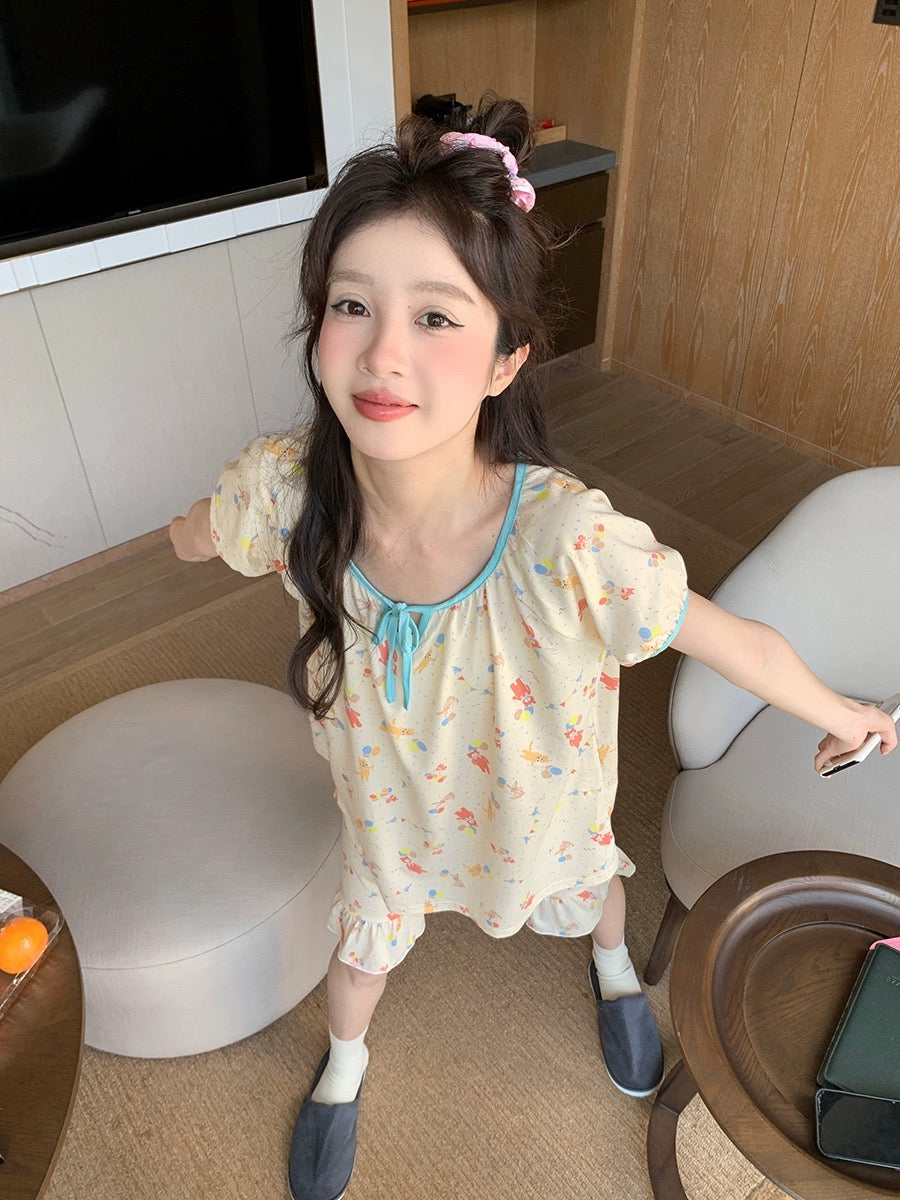 Xinbangbang Homedress summer loose colorful cartoon home clothes women's strappy round neck short-sleeved pajamas set