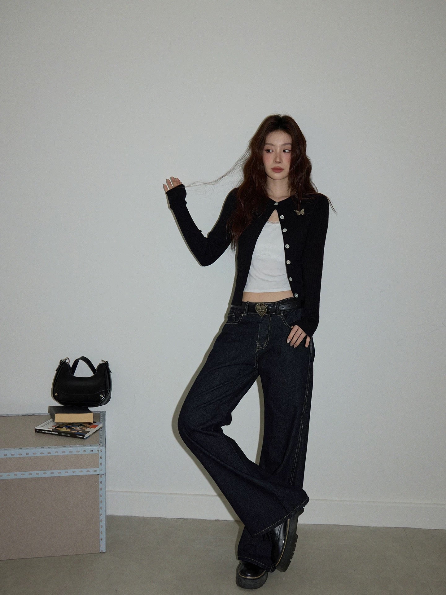 Chaochao Home Design Blue Wide-Leg Jeans for Women, Autumn 2025, Casual, Loose Fit, Straight Leg with Slight Flare