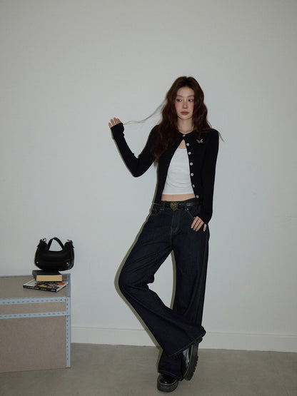 Chaochao Home Design Blue Wide-Leg Jeans for Women, Autumn 2025, Casual, Loose Fit, Straight Leg with Slight Flare